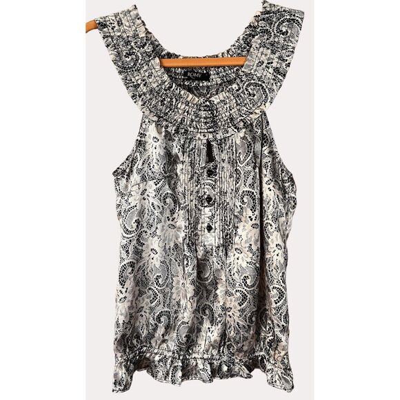 Romy Smocked Pintuck Paisley Floral Print Satin Blouse Button Black Tan XS - Picture 1 of 5